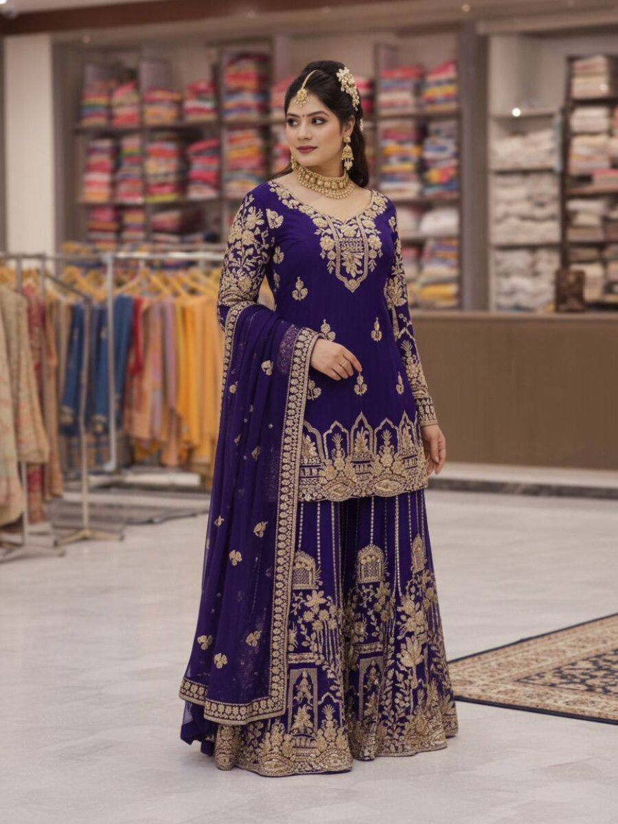 Blue Faux Georgette Embroidery Zari Sequins Wedding Party Festival Casual Palazzo Pant Salwar Kameez