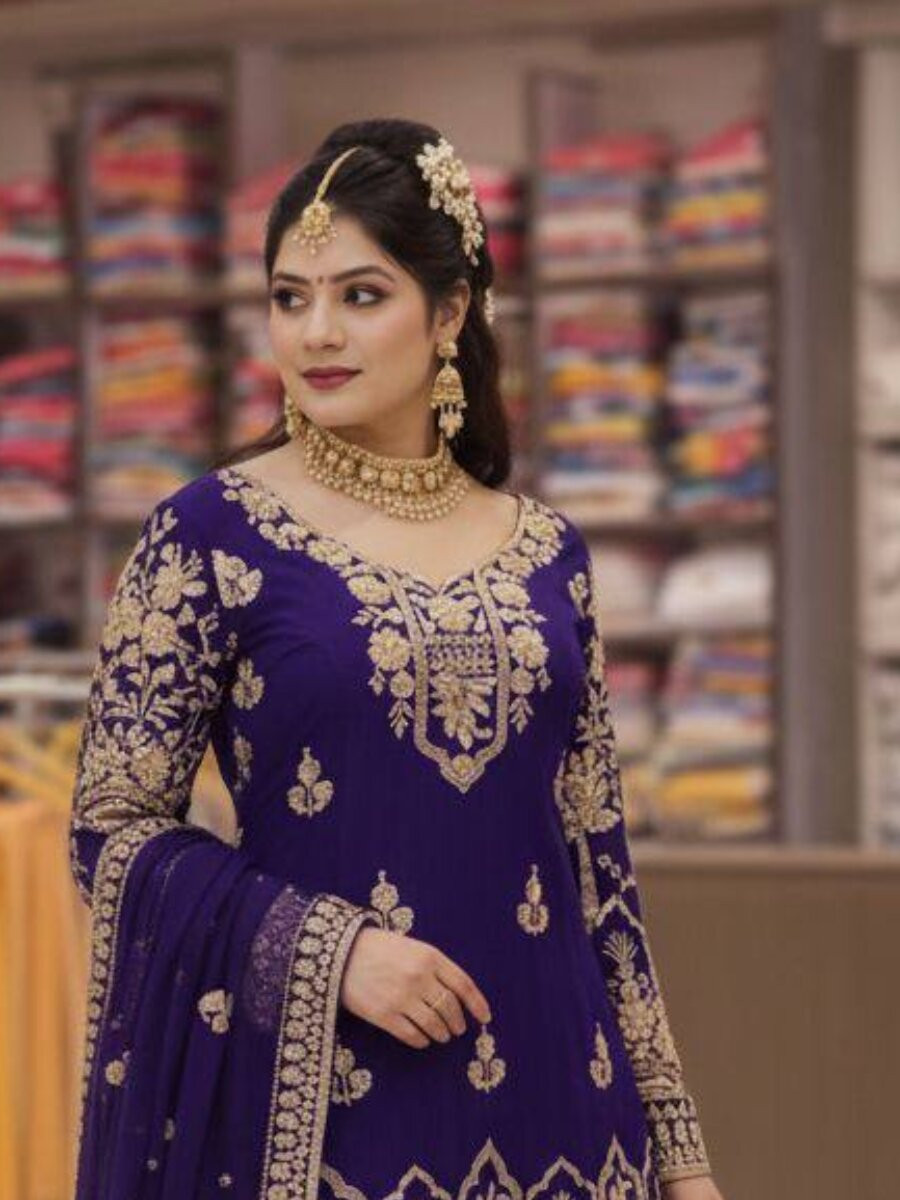 Blue Faux Georgette Embroidery Zari Sequins Wedding Party Festival Casual Palazzo Pant Salwar Kameez