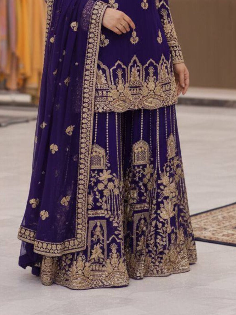 Blue Faux Georgette Embroidery Zari Sequins Wedding Party Festival Casual Palazzo Pant Salwar Kameez