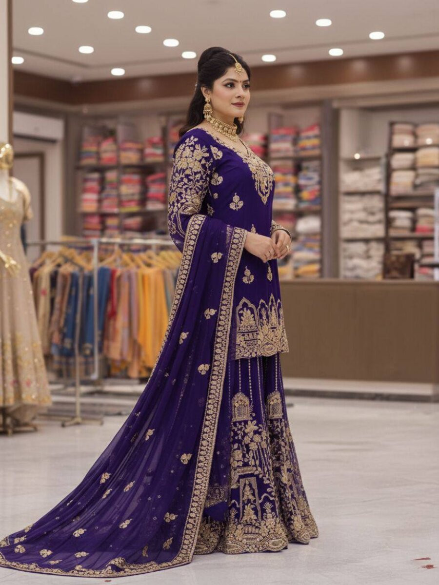 Blue Faux Georgette Embroidery Zari Sequins Wedding Party Festival Casual Palazzo Pant Salwar Kameez