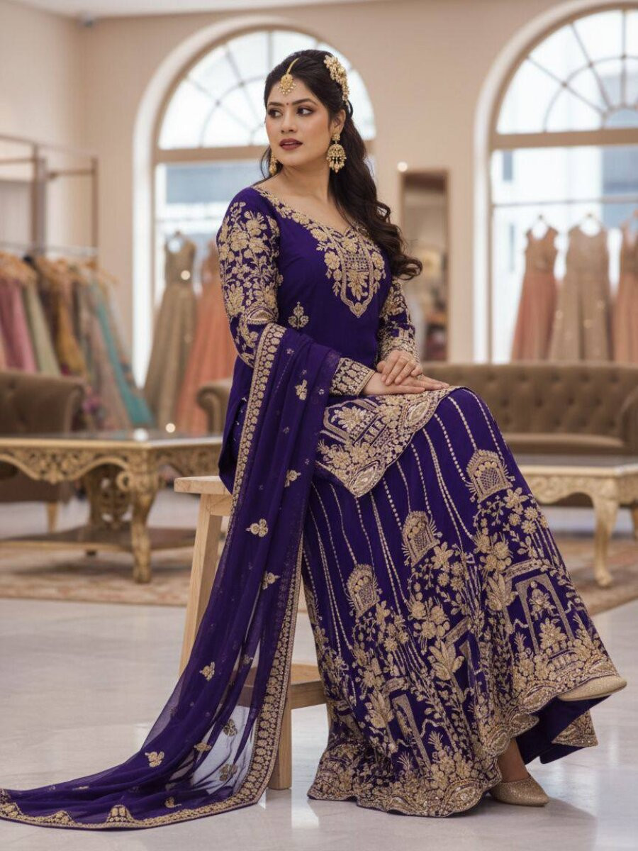 Blue Faux Georgette Embroidery Zari Sequins Wedding Party Festival Casual Palazzo Pant Salwar Kameez