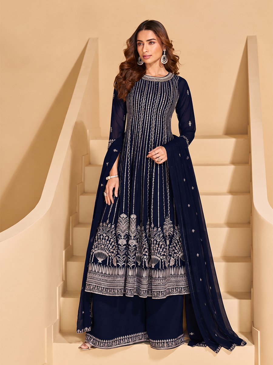 Blue Faux Georgette Embroidery Zari Sequins Wedding Party Festival Casual Ready Palazzo Pant Salwar Kameez