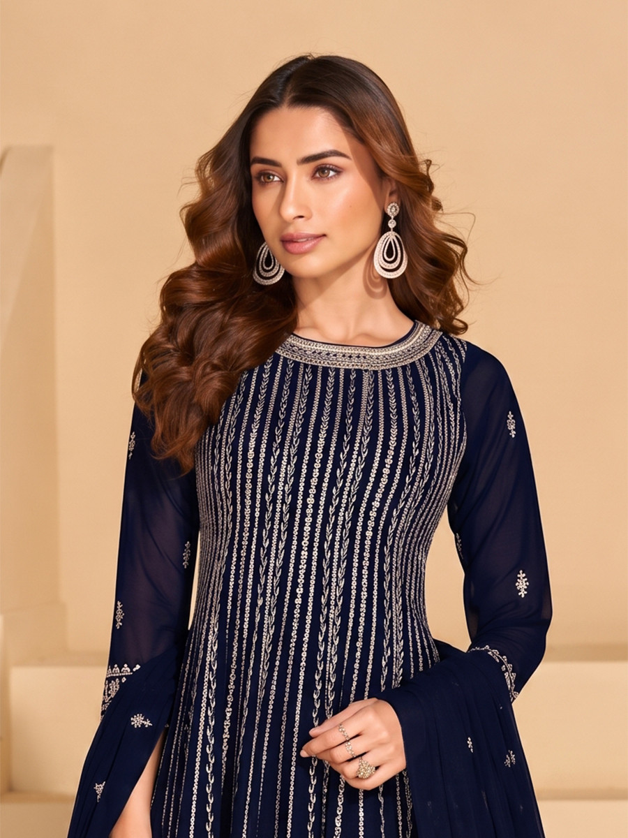 Blue Faux Georgette Embroidery Zari Sequins Wedding Party Festival Casual Ready Palazzo Pant Salwar Kameez