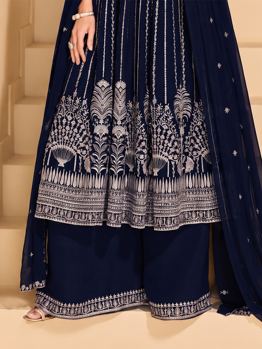 Blue Faux Georgette Embroidery Zari Sequins Wedding Party Festival Casual Ready Palazzo Pant Salwar Kameez