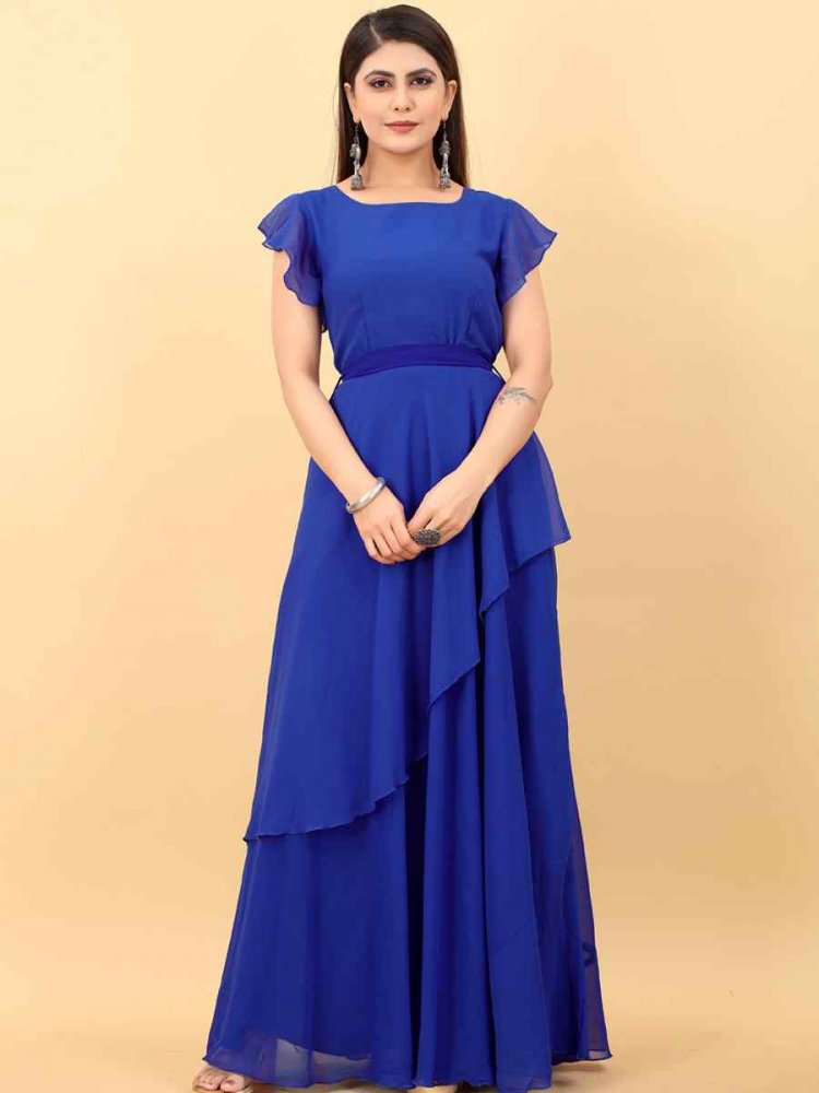Blue Faux Georgette Plain Party Gown