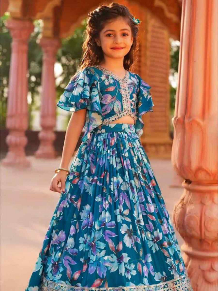 Image of Blue Faux Georgette Printed Embroidered Wedding Festival Lehengas Girls Wear
