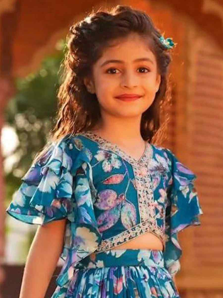 Blue Faux Georgette Printed Embroidered Wedding Festival Lehengas Girls Wear