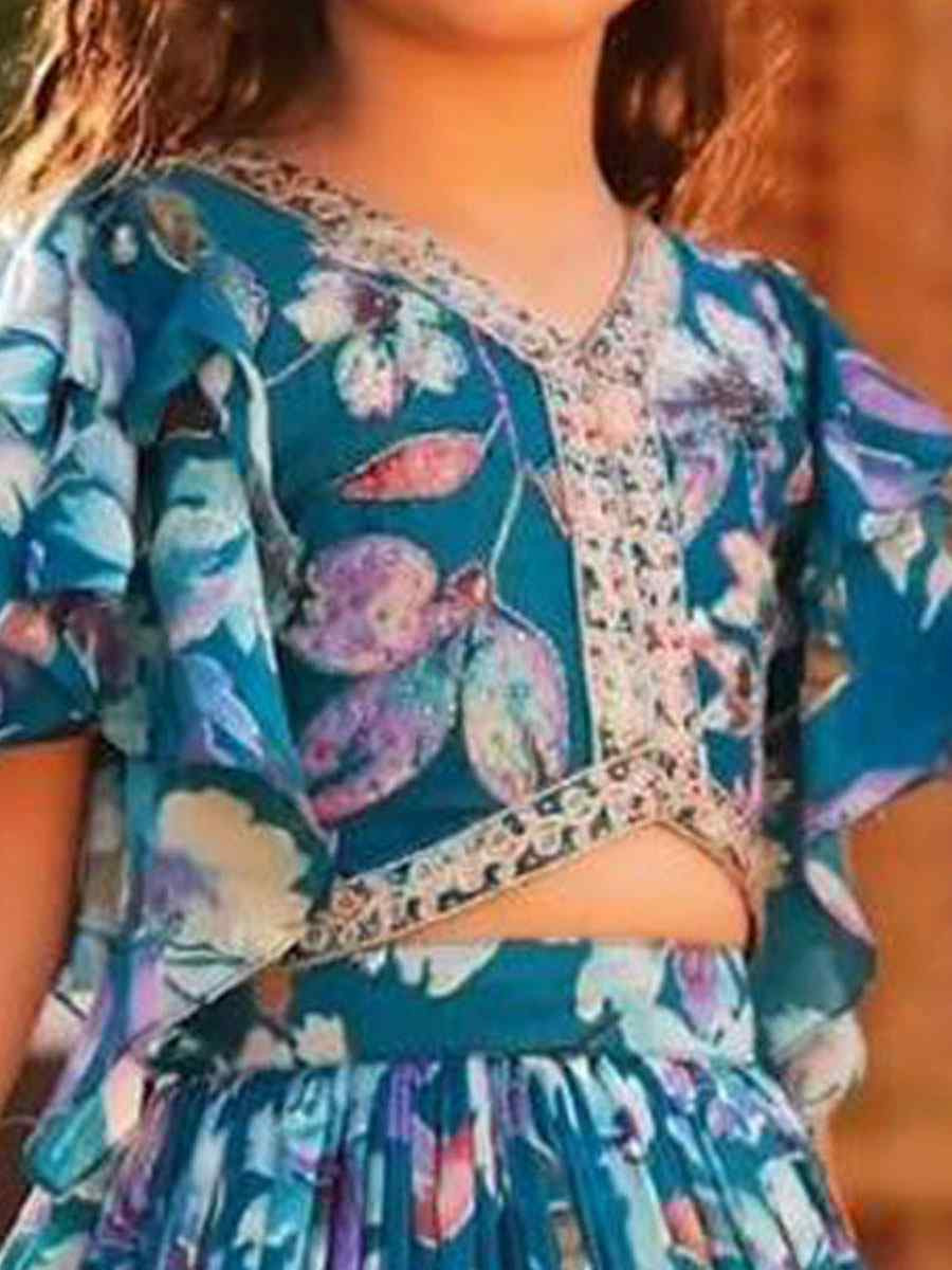 Blue Faux Georgette Printed Embroidered Wedding Festival Lehengas Girls Wear