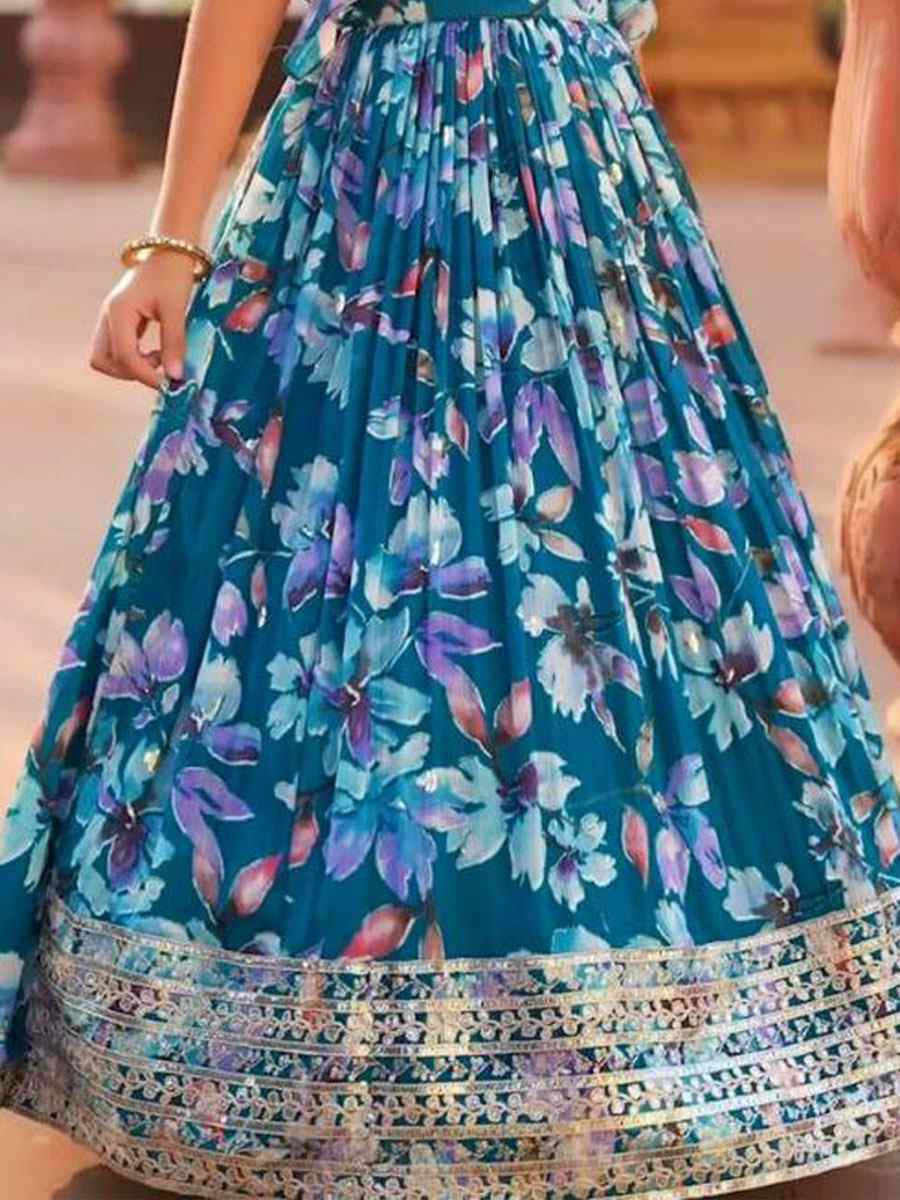 Blue Faux Georgette Printed Embroidered Wedding Festival Lehengas Girls Wear