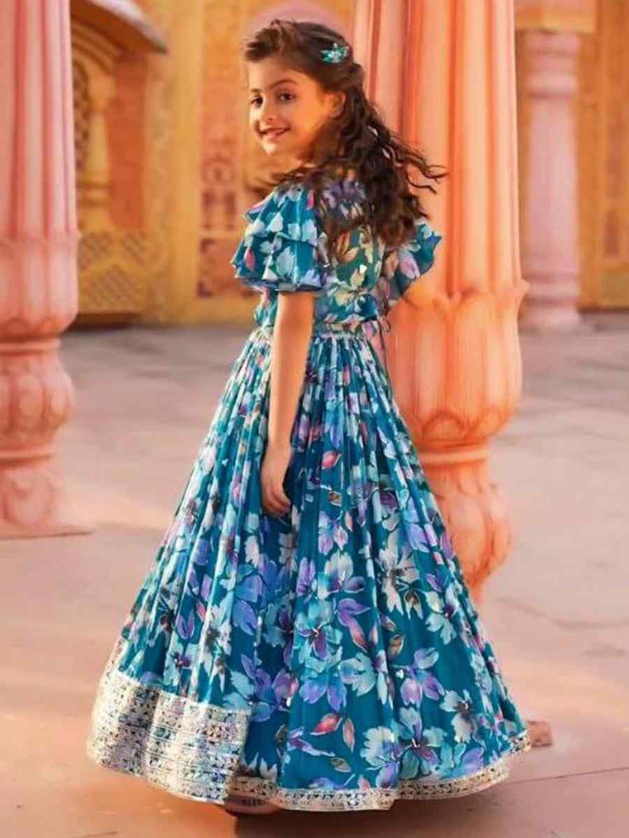 Blue Faux Georgette Printed Embroidered Wedding Festival Lehengas Girls Wear