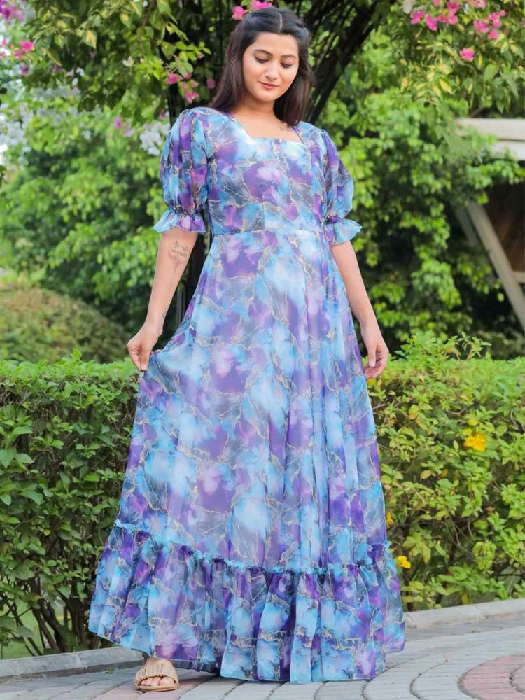 Blue Faux Georgette Printed Festival Casual Gown