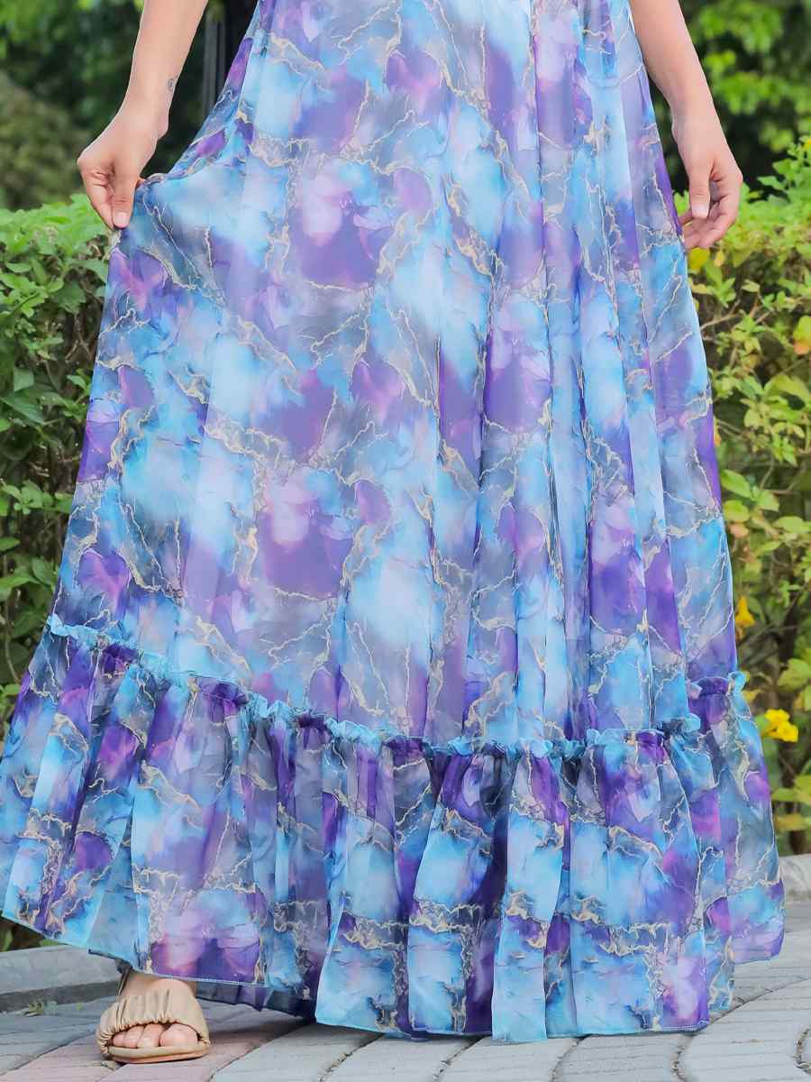 Blue Faux Georgette Printed Festival Casual Gown