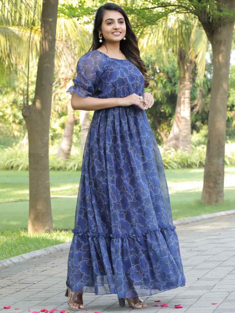 Blue Faux Georgette Printed Festival Casual Gown