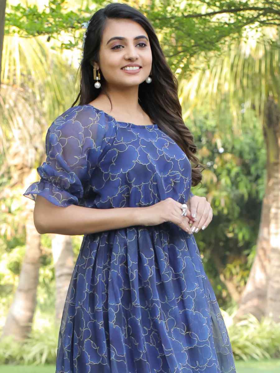 Blue Faux Georgette Printed Festival Casual Gown