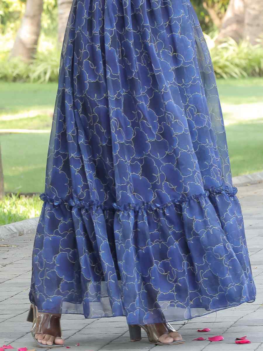 Blue Faux Georgette Printed Festival Casual Gown