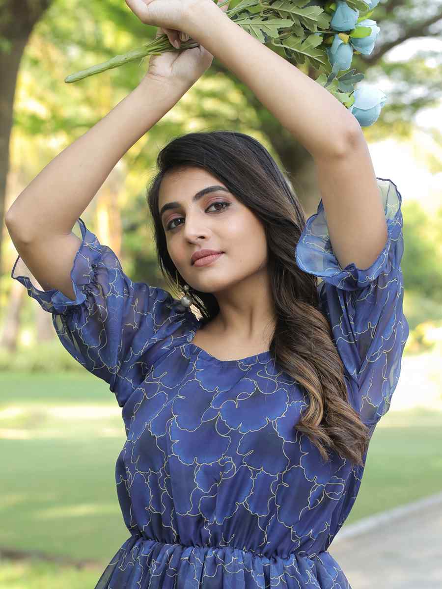 Blue Faux Georgette Printed Festival Casual Gown