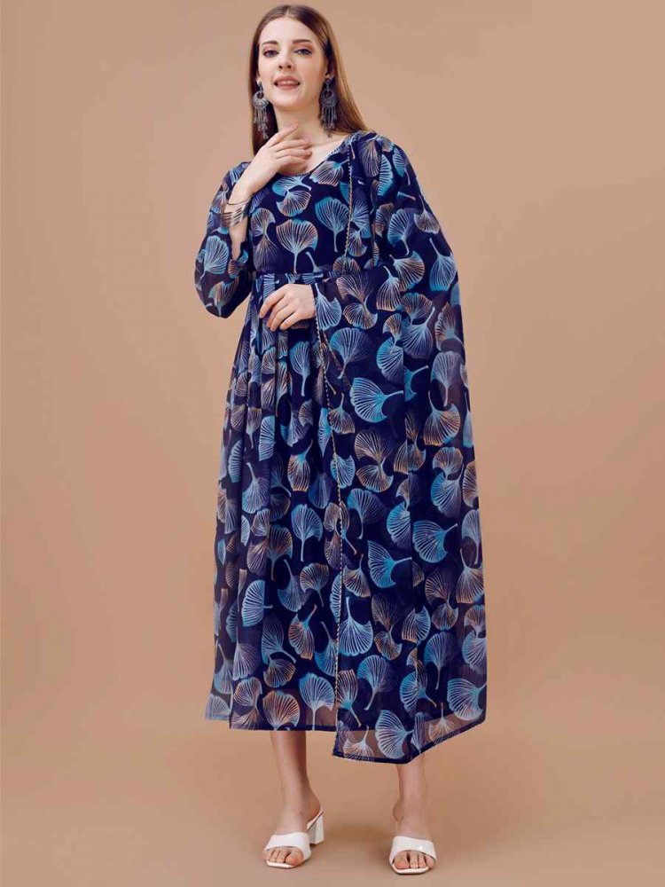 Blue Faux Georgette Printed Festival Party Gown