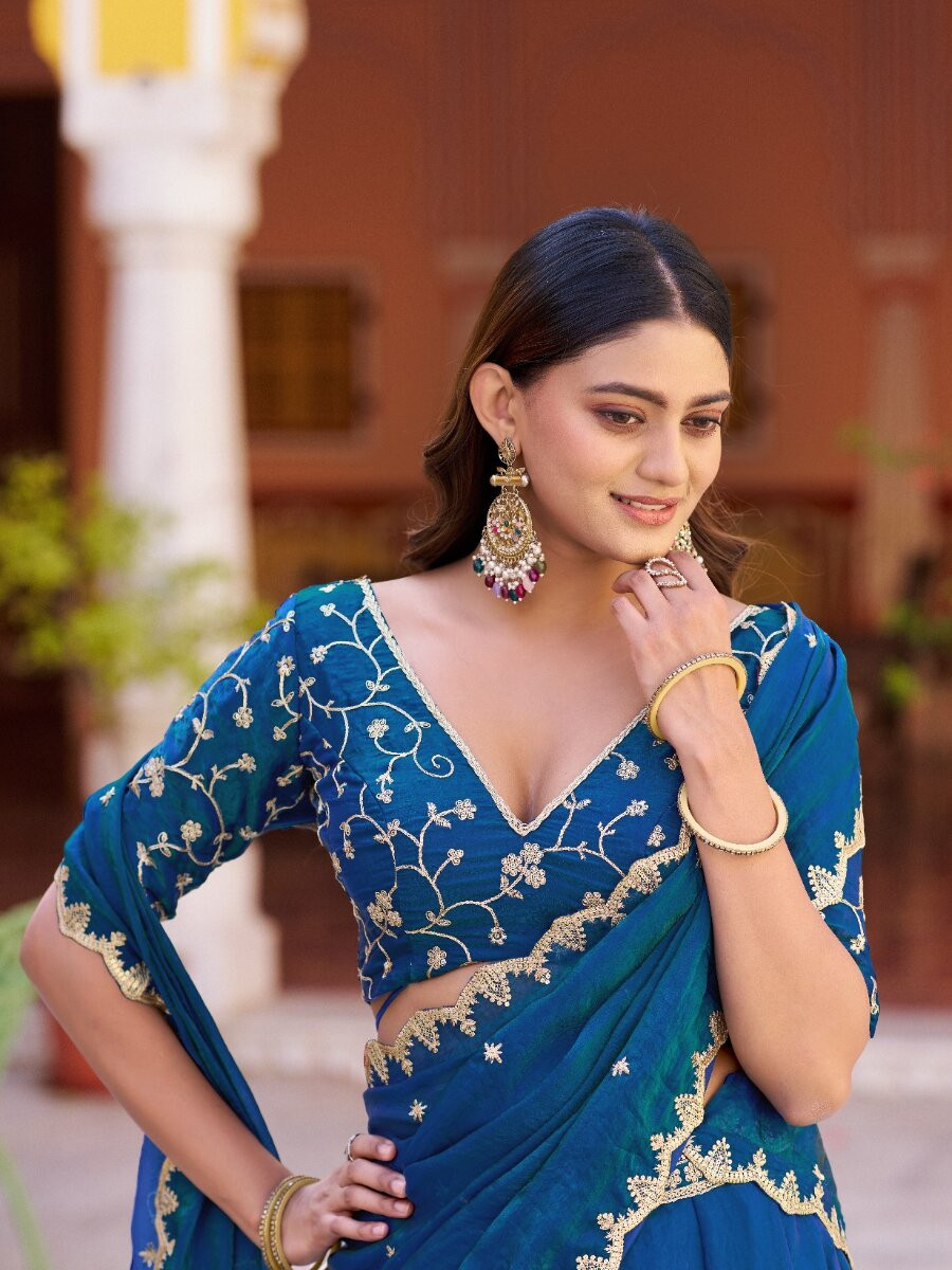 Blue Fendi Embroidery Zari Wedding Reception Party Festival Circular Lehenga Choli