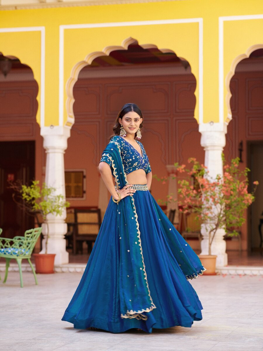 Blue Fendi Embroidery Zari Wedding Reception Party Festival Circular Lehenga Choli