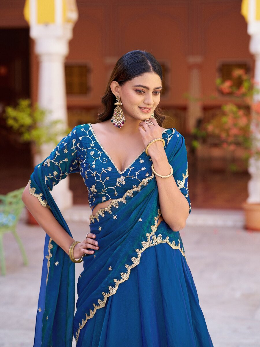 Blue Fendi Embroidery Zari Wedding Reception Party Festival Circular Lehenga Choli