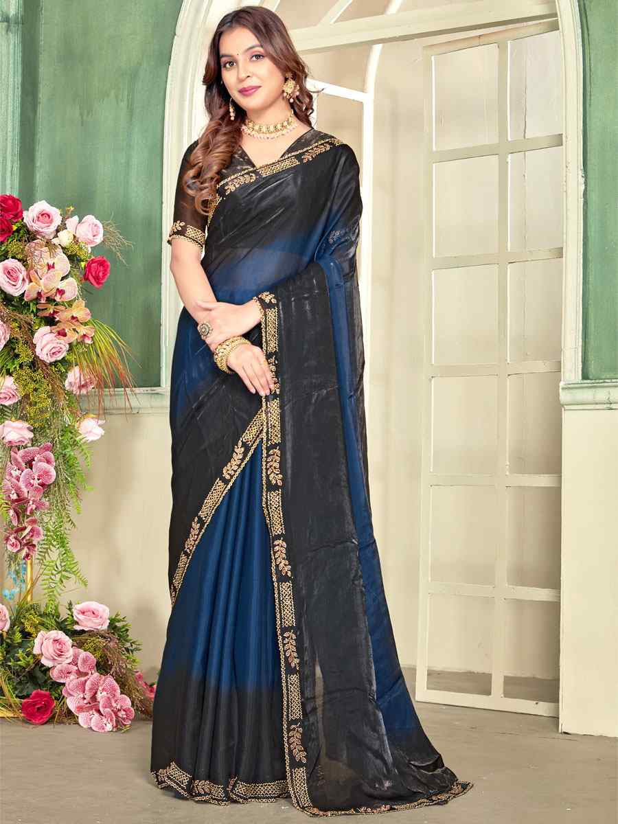 Blue Fendi Satin Silk Embroidery Bridal Reception Festival Wedding Fancy Classic Heavy Border Saree