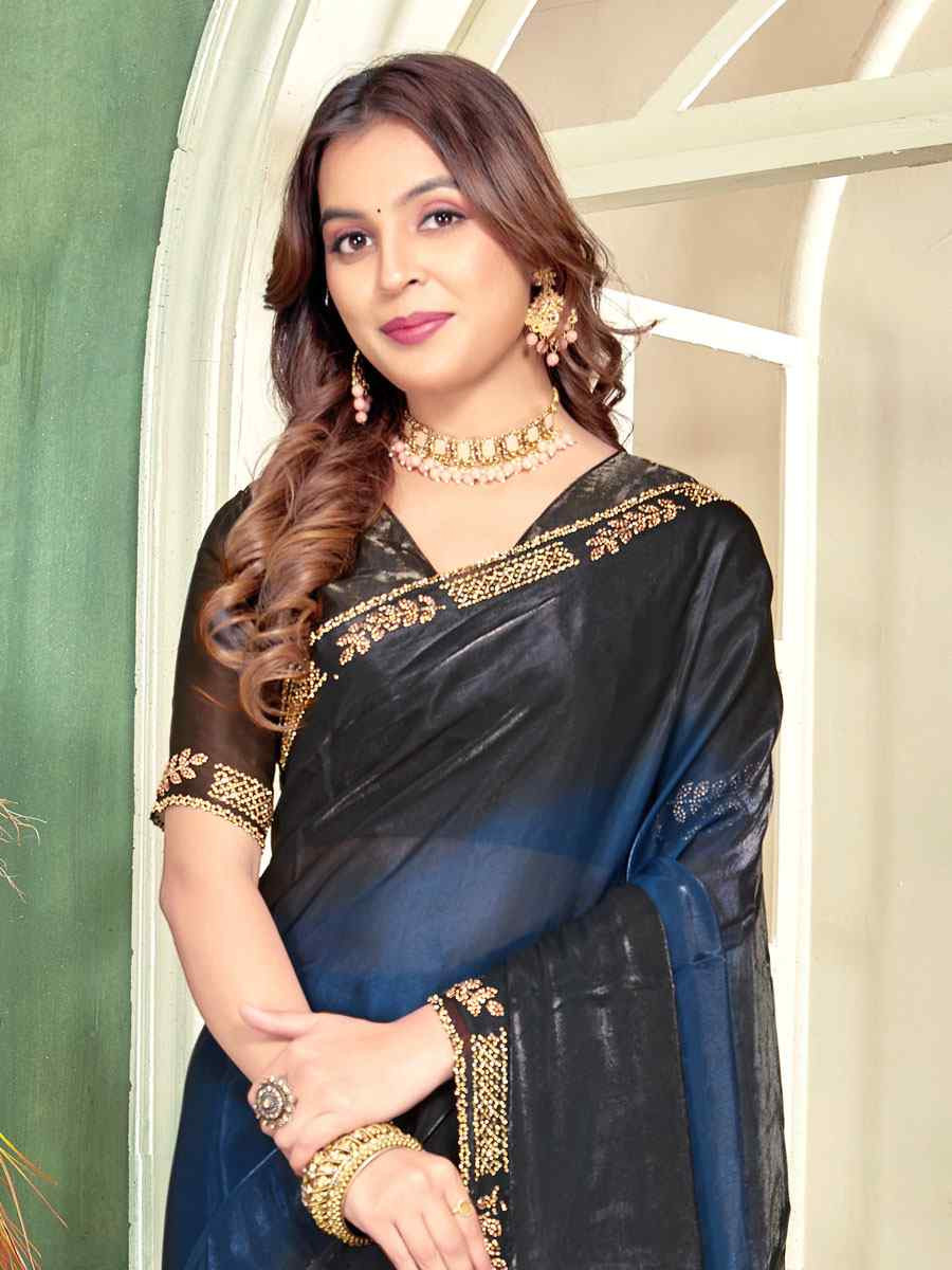 Blue Fendi Satin Silk Embroidery Bridal Reception Festival Wedding Fancy Classic Heavy Border Saree