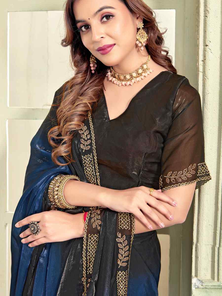 Blue Fendi Satin Silk Embroidery Bridal Reception Festival Wedding Fancy Classic Heavy Border Saree