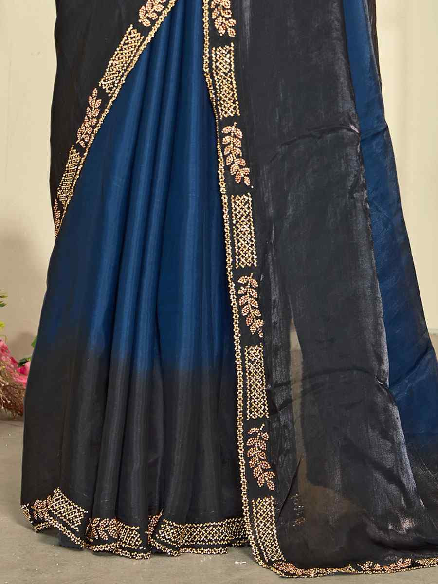 Blue Fendi Satin Silk Embroidery Bridal Reception Festival Wedding Fancy Classic Heavy Border Saree