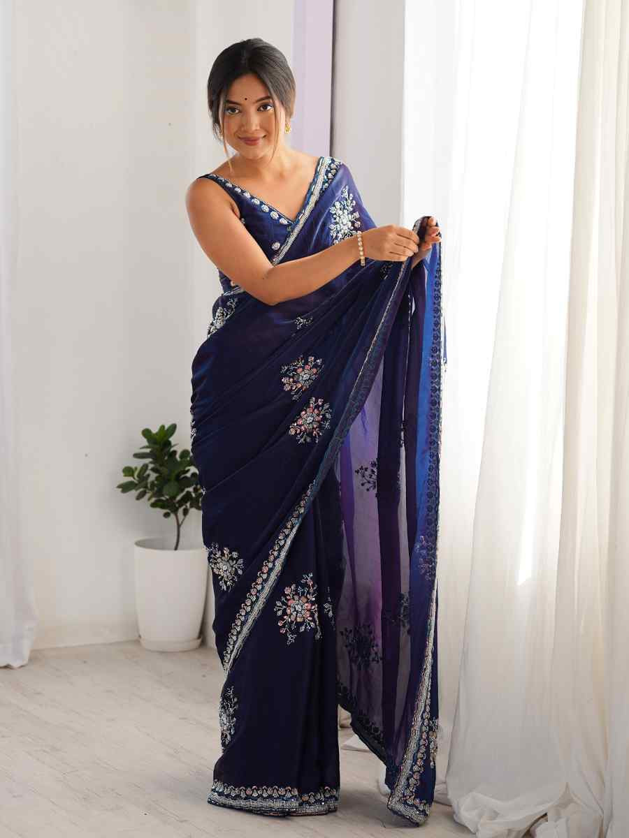 Blue Fendy Satin Embroidered Festival Wedding Fancy Heavy Border Saree