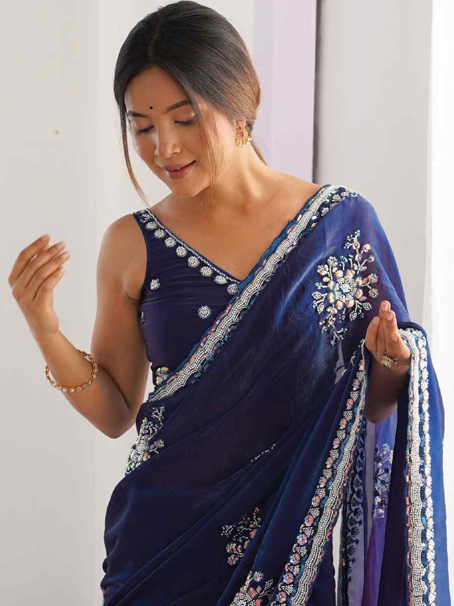Blue Fendy Satin Embroidered Festival Wedding Fancy Heavy Border Saree