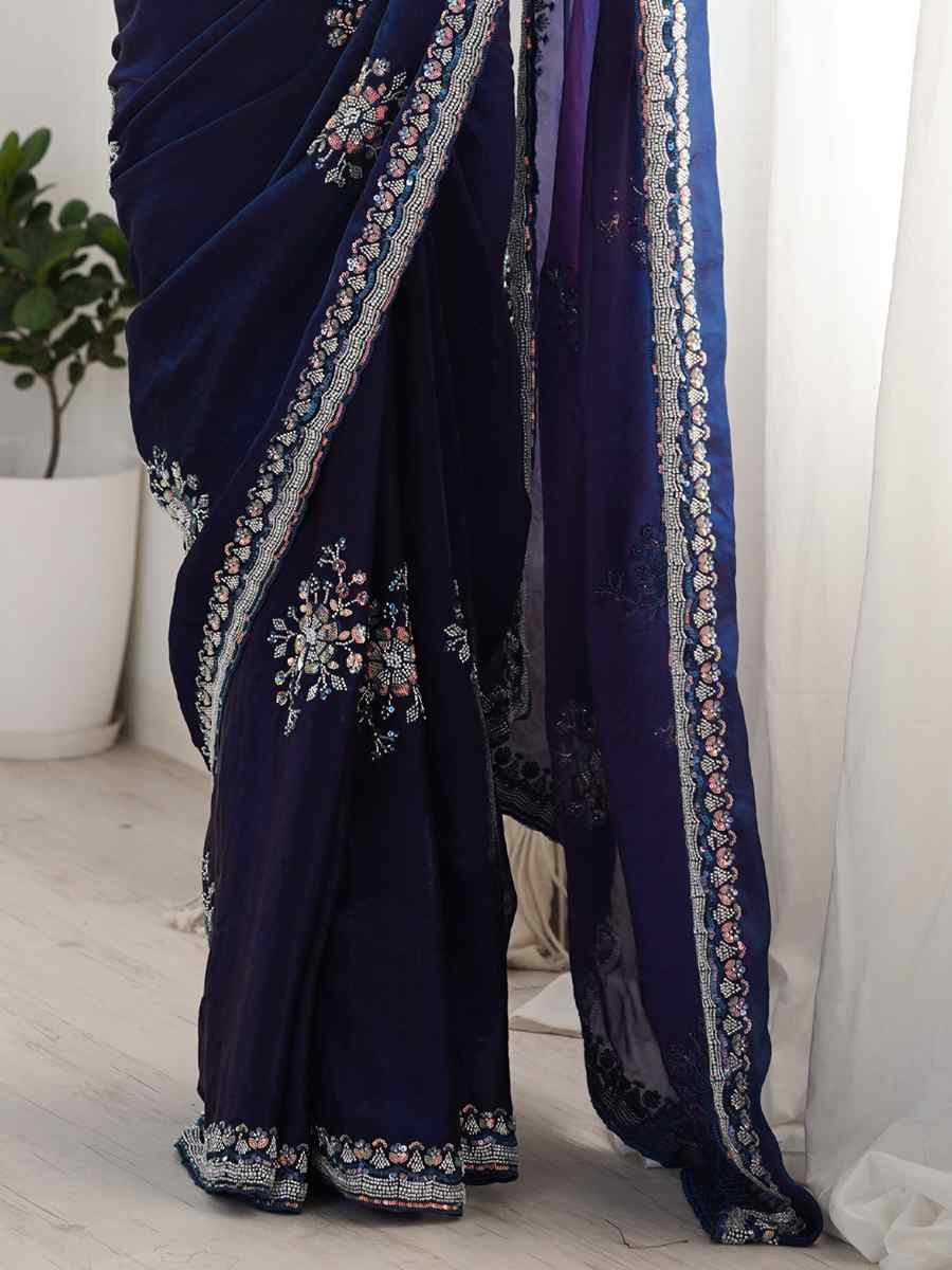 Blue Fendy Satin Embroidered Festival Wedding Fancy Heavy Border Saree
