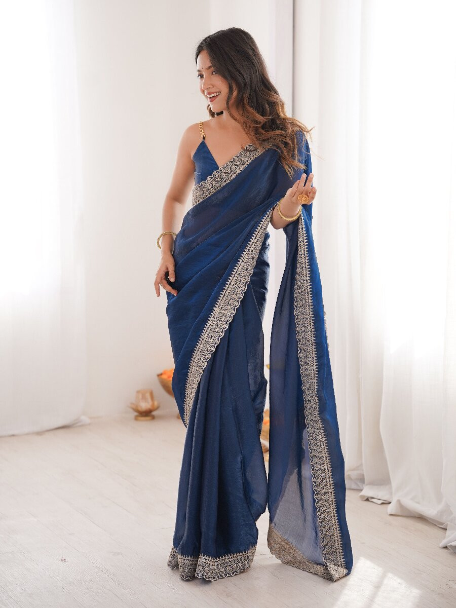 Blue Fendy Satin Embroidery Lace Border Wedding Party Festival Reception Casual Heavy Border Sarees