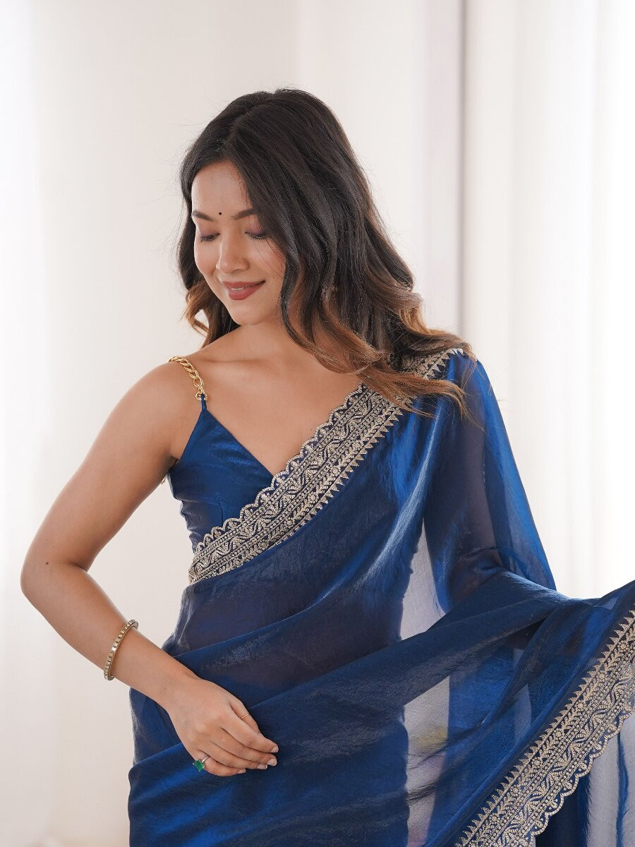 Blue Fendy Satin Embroidery Lace Border Wedding Party Festival Reception Casual Heavy Border Sarees