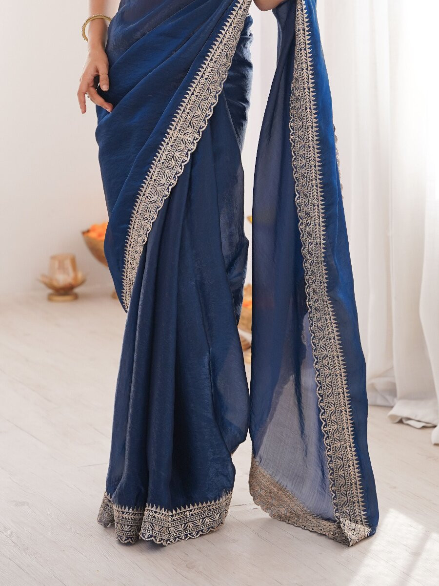Blue Fendy Satin Embroidery Lace Border Wedding Party Festival Reception Casual Heavy Border Sarees
