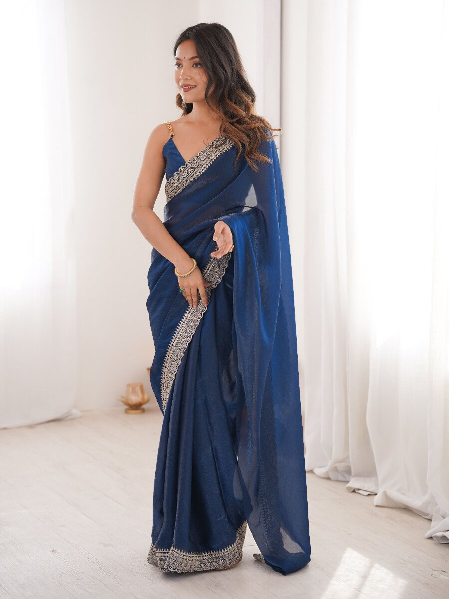 Blue Fendy Satin Embroidery Lace Border Wedding Party Festival Reception Casual Heavy Border Sarees