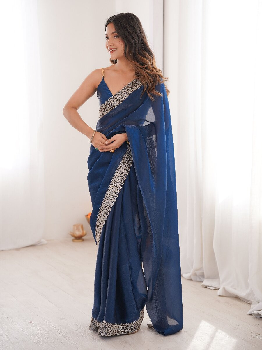 Blue Fendy Satin Embroidery Lace Border Wedding Party Festival Reception Casual Heavy Border Sarees