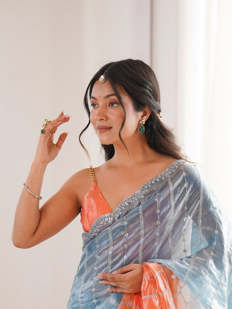 Blue Fendy Satin Embroidery Sequins Wedding Reception Festival Casual Heavy Border Sarees