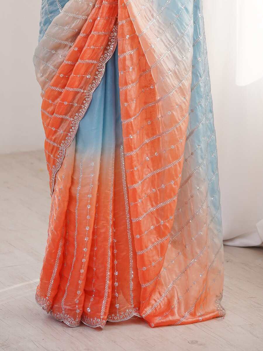 Blue Fendy Satin Embroidery Sequins Wedding Reception Festival Casual Heavy Border Sarees