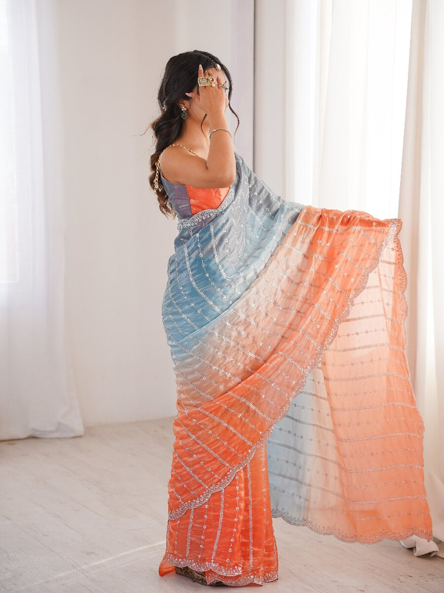 Blue Fendy Satin Embroidery Sequins Wedding Reception Festival Casual Heavy Border Sarees