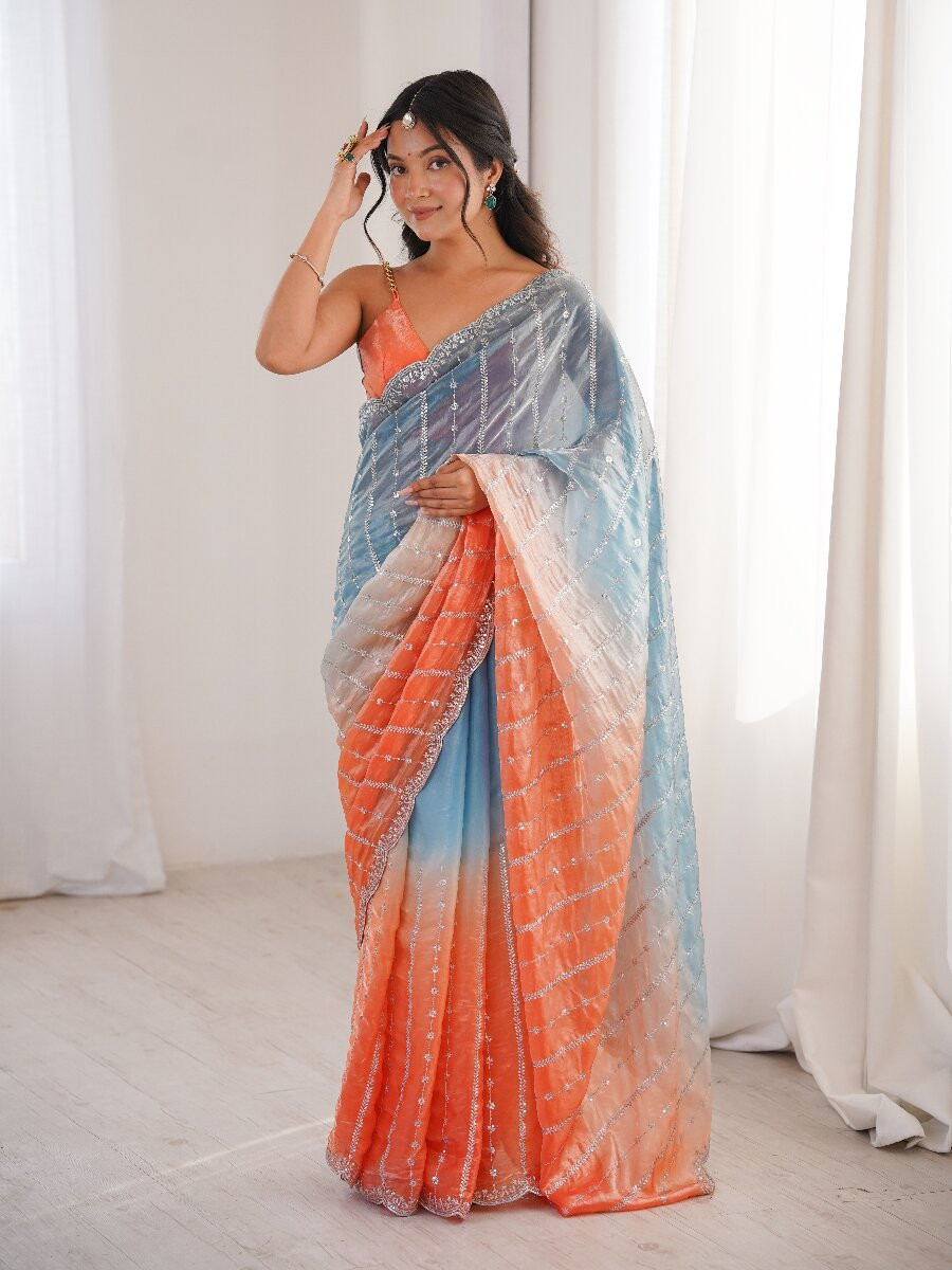 Blue Fendy Satin Embroidery Sequins Wedding Reception Festival Casual Heavy Border Sarees