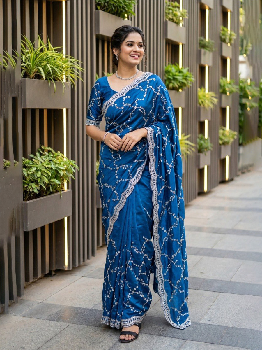 Blue Fendy Satin Embroidery Sequins Zari Wedding Reception Party Festival Casual Heavy Border Sarees