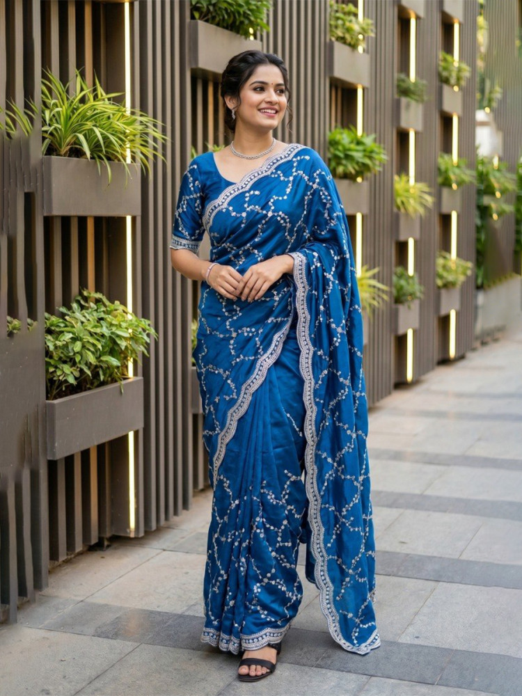 Image of Blue Fendy Satin Embroidery Sequins Zari Wedding Reception Party Festival Casual Heavy Border Sarees