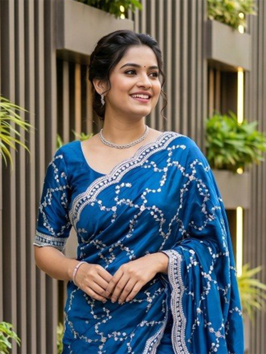 Blue Fendy Satin Embroidery Sequins Zari Wedding Reception Party Festival Casual Heavy Border Sarees