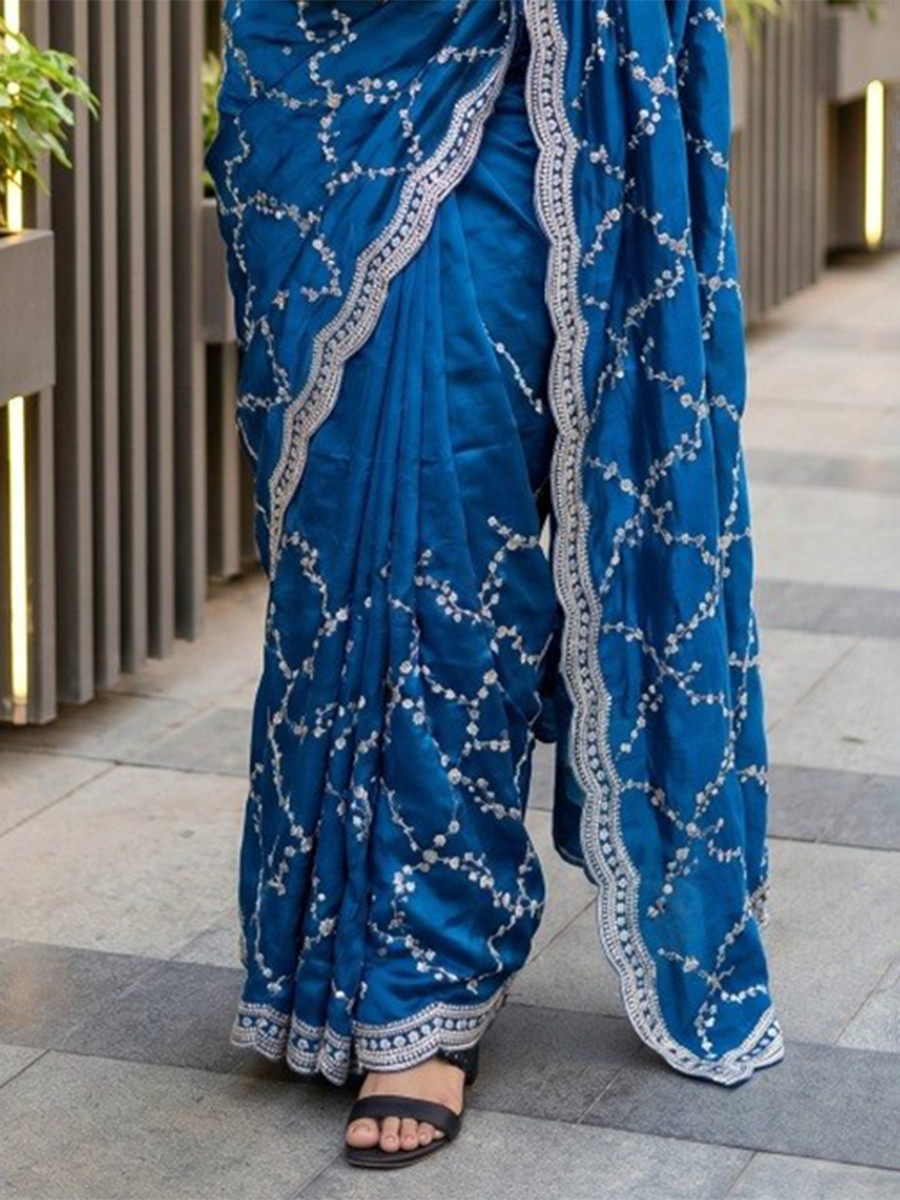 Blue Fendy Satin Embroidery Sequins Zari Wedding Reception Party Festival Casual Heavy Border Sarees