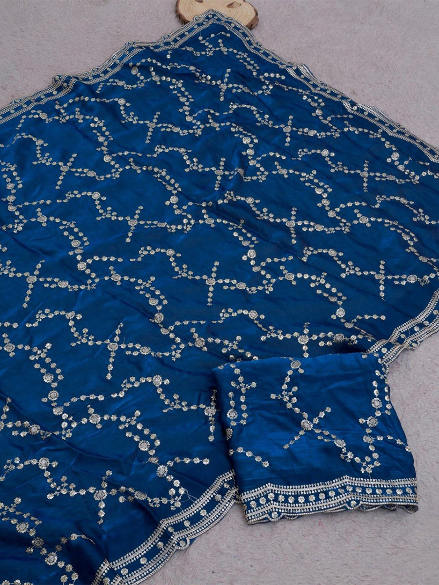 Blue Fendy Satin Embroidery Sequins Zari Wedding Reception Party Festival Casual Heavy Border Sarees