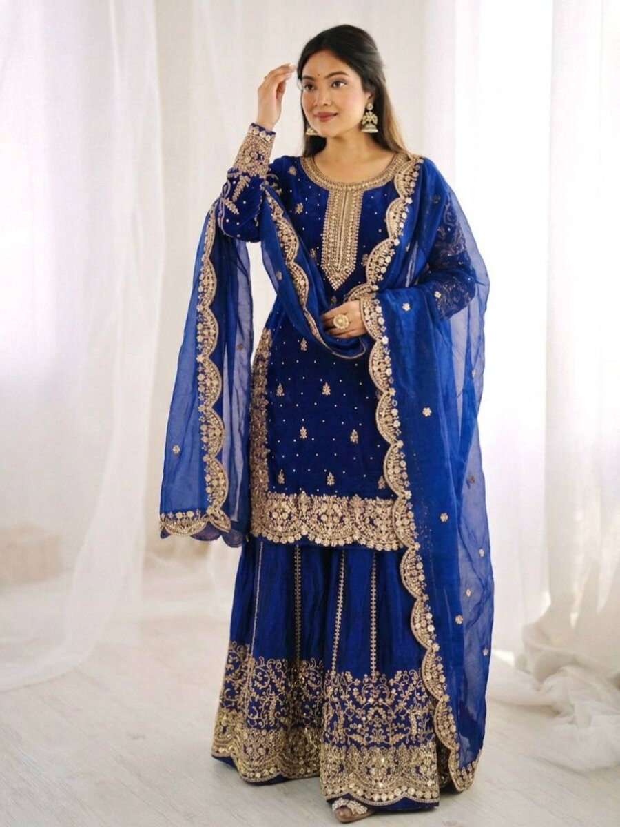 Blue Fendy Silk Embroidery Sequins Zari Wedding Party Festival Casual Ready Palazzo Pant Salwar Kameez
