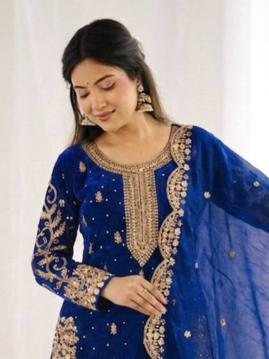 Blue Fendy Silk Embroidery Sequins Zari Wedding Party Festival Casual Ready Palazzo Pant Salwar Kameez