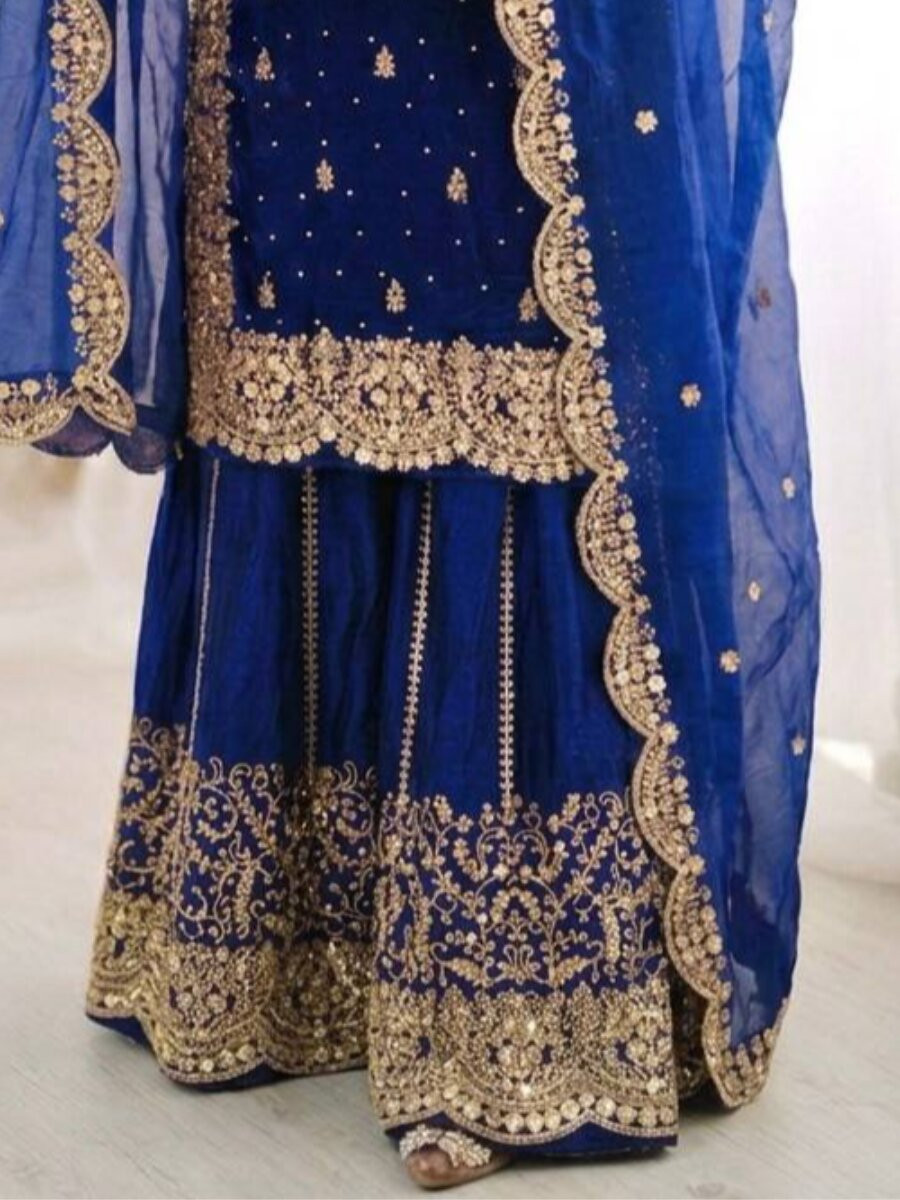 Blue Fendy Silk Embroidery Sequins Zari Wedding Party Festival Casual Ready Palazzo Pant Salwar Kameez
