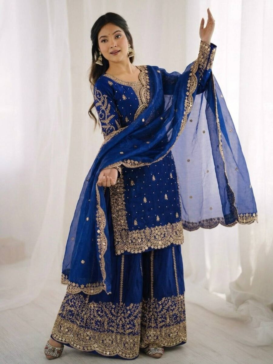 Blue Fendy Silk Embroidery Sequins Zari Wedding Party Festival Casual Ready Palazzo Pant Salwar Kameez