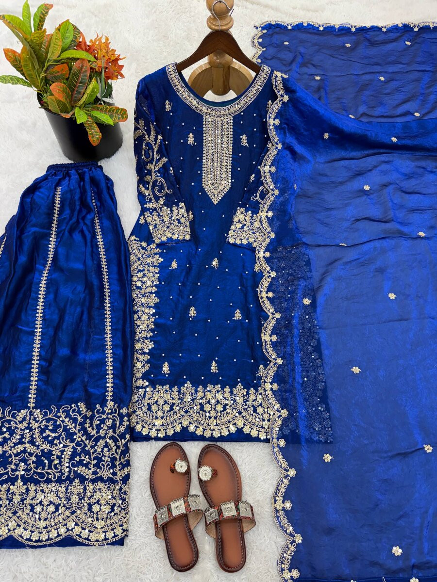 Blue Fendy Silk Embroidery Sequins Zari Wedding Party Festival Casual Ready Palazzo Pant Salwar Kameez